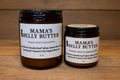 Two jars of 'Mama's Belly Butter' on a wooden surface.